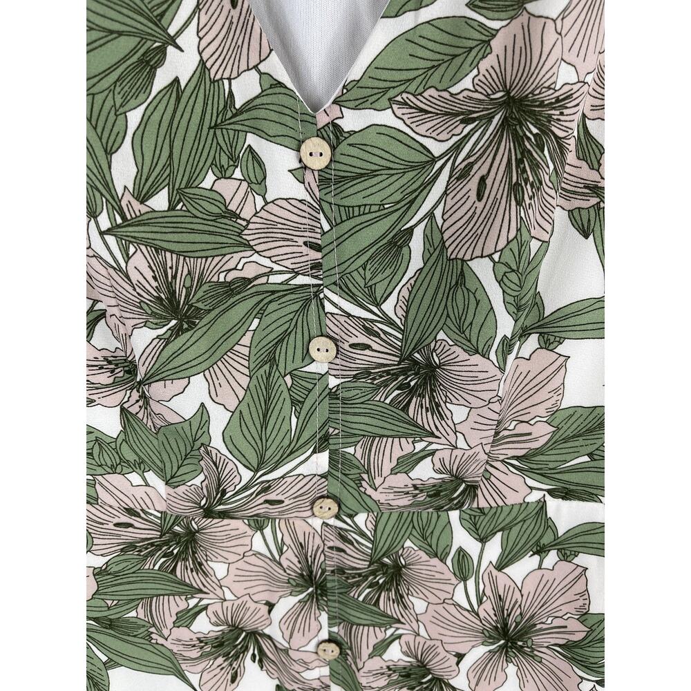 C Dress Women's Size Small Green Pink Floral Maxi Button Front Short Sleeve - Picture 5 of 9